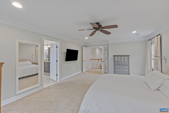 125 Highland Cir, Zion Crossroads, VA 22942 - carpeted bedroom with a ceiling fan, crown molding, baseboards, ensuite bath, and recessed lighting