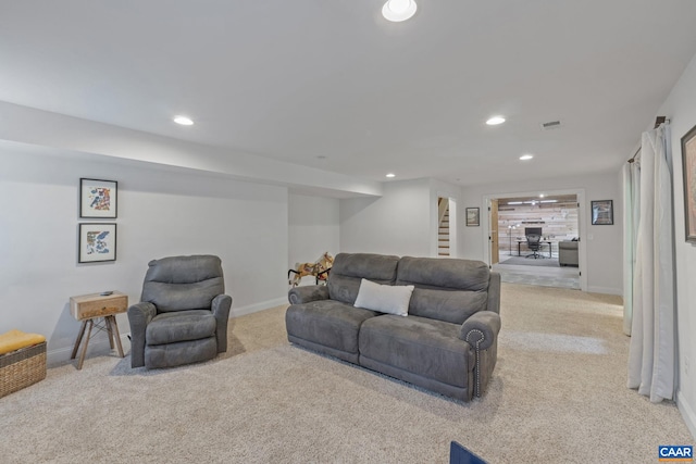 125 Highland Cir, Zion Crossroads, VA 22942 - carpeted living area featuring visible vents, baseboards, stairway, and recessed lighting