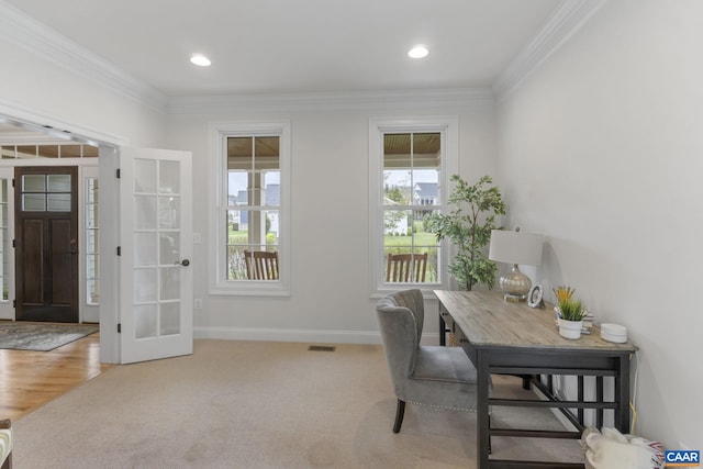 125 Highland Cir, Zion Crossroads, VA 22942 - home office featuring carpet flooring, crown molding, visible vents, baseboards, and recessed lighting