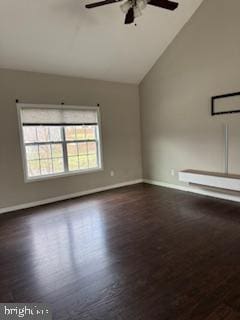 108 Irwin Ct, Hedgesville, WV 25427 - spare room with a ceiling fan, baseboards, lofted ceiling, and dark wood-style floors