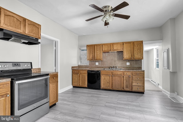 kitchen featuring stainless steel electric stove, black dishwasher, under cabinet range hood, ceiling fan, and decorative backsplash