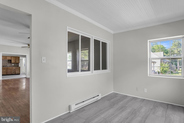 empty room featuring a baseboard radiator, crown molding, a ceiling fan, dark wood finished floors, and baseboards