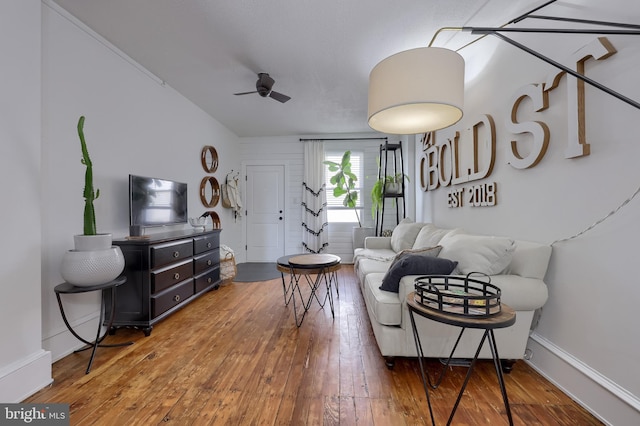 living room with hardwood / wood-style flooring and ceiling fan