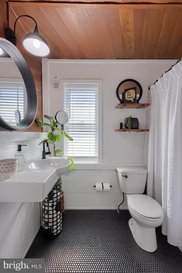 bathroom with wooden ceiling and toilet