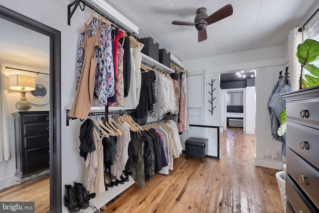 walk in closet featuring a ceiling fan and hardwood / wood-style flooring