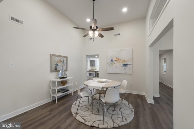 1806 Crofton Pkwy, Crofton, MD 21114 - dining area with a high ceiling, dark wood-style flooring, a ceiling fan, and recessed lighting