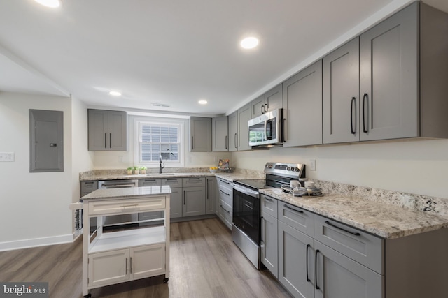 1806 Crofton Pkwy, Crofton, MD 21114 - kitchen with appliances with stainless steel finishes, gray cabinetry, dark wood-style floors, electric panel, and recessed lighting