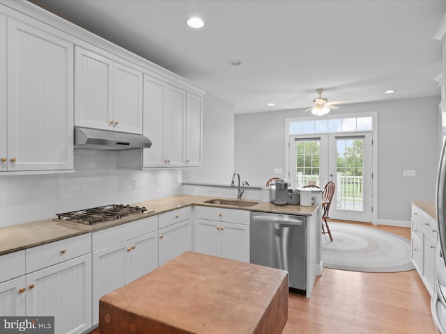 kitchen with appliances with stainless steel finishes, under cabinet range hood, a sink, a ceiling fan, and a peninsula