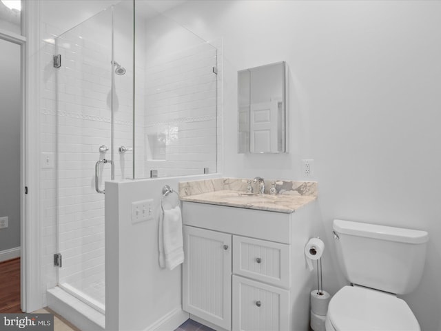 bathroom featuring a shower stall, toilet, and vanity