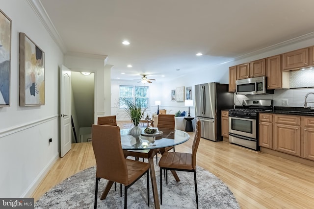 1840 D St NE Unit 1, Washington, DC 20002 - dining space featuring ornamental molding, light wood-style floors, ceiling fan, recessed lighting, and baseboards