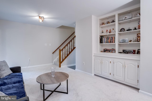 46919 Trumpet Cir, Sterling, VA 20164 - living room featuring light carpet, stairway, and baseboards