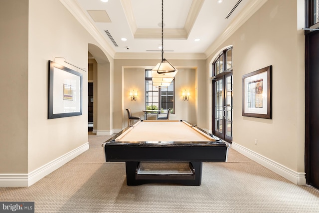 11710 Old Georgetown Rd Unit 1504, North Bethesda, MD 20852 - game room featuring light carpet, a tray ceiling, arched walkways, ornamental molding, and baseboards