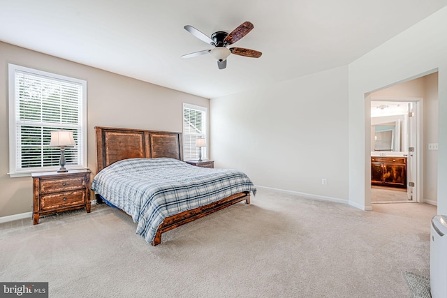 14762 Bell Tower Rd, Woodbridge, VA 22193 - bedroom with carpet, baseboards, ceiling fan, and connected bathroom