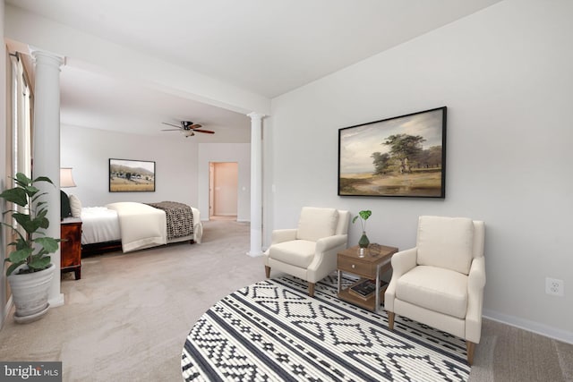 14762 Bell Tower Rd, Woodbridge, VA 22193 - bedroom featuring ornate columns, carpet flooring, baseboards, and ceiling fan
