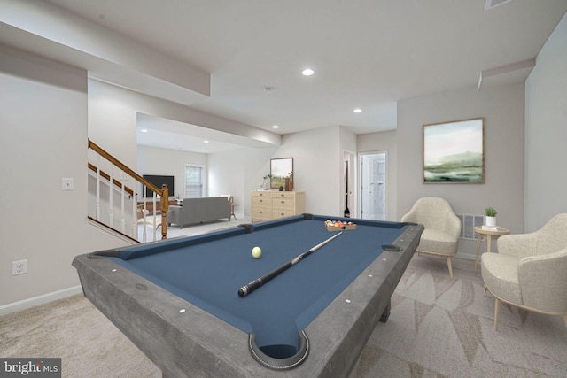 14762 Bell Tower Rd, Woodbridge, VA 22193 - recreation room featuring carpet floors, billiards, baseboards, and recessed lighting
