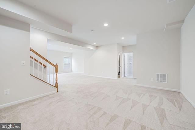 14762 Bell Tower Rd, Woodbridge, VA 22193 - below grade area with stairway, carpet, recessed lighting, and baseboards