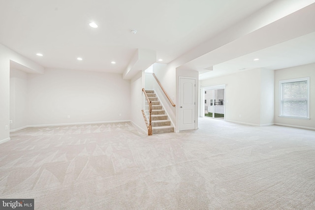14762 Bell Tower Rd, Woodbridge, VA 22193 - basement with stairs, baseboards, recessed lighting, and light carpet