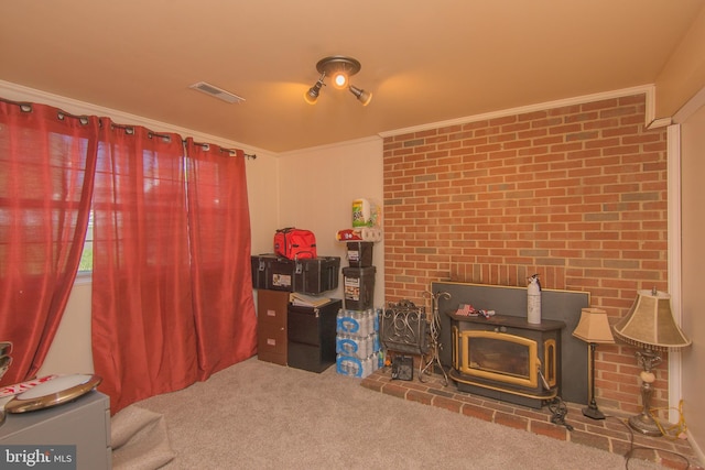 5941 Plumwood Ln, Woodbridge, VA 22193 - living room with a wood stove, carpet floors, and ornamental molding