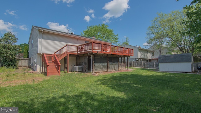 5941 Plumwood Ln, Woodbridge, VA 22193 - back of house featuring a wooden deck, a storage shed, an outbuilding, stairs, and central air condition unit