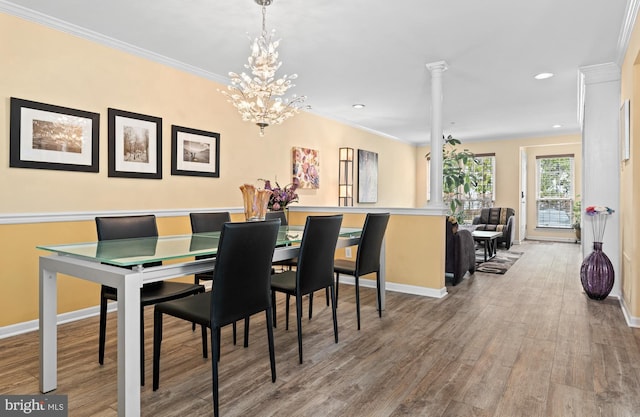 171 Timothy Cir, Wayne, PA 19087 - dining room featuring wood finished floors, baseboards, recessed lighting, ornamental molding, and ornate columns