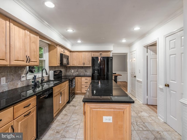 1004 England Dr, Stafford, VA 22554 - kitchen with black appliances, a sink, a center island, ornamental molding, and decorative backsplash