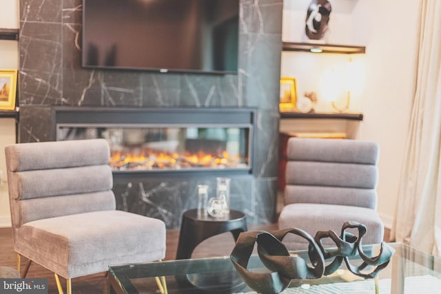 living area with wood finished floors and a premium fireplace