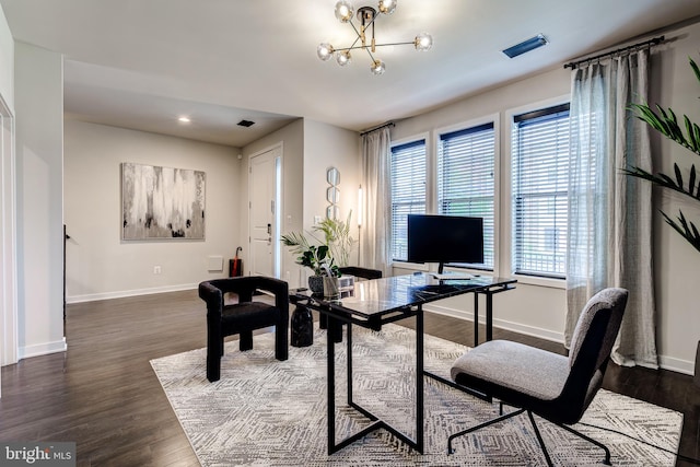 office area featuring baseboards, dark wood-style floors, a chandelier, and recessed lighting