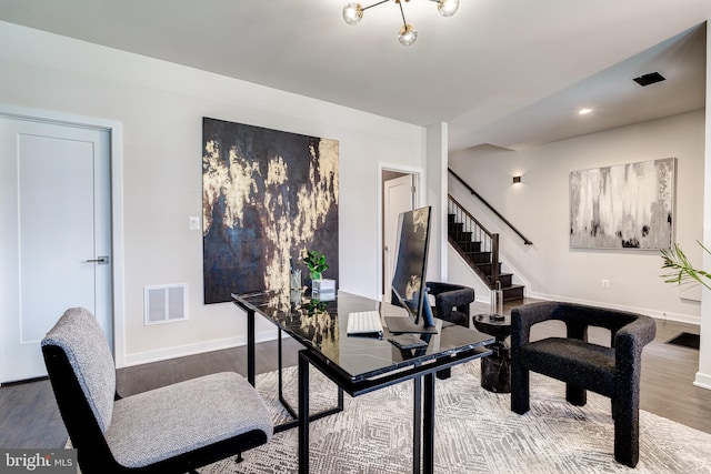 office space with wood finished floors, baseboards, and recessed lighting