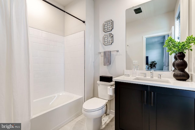 bathroom featuring toilet, vanity, shower / bathtub combination with curtain, tile patterned floors, and baseboards