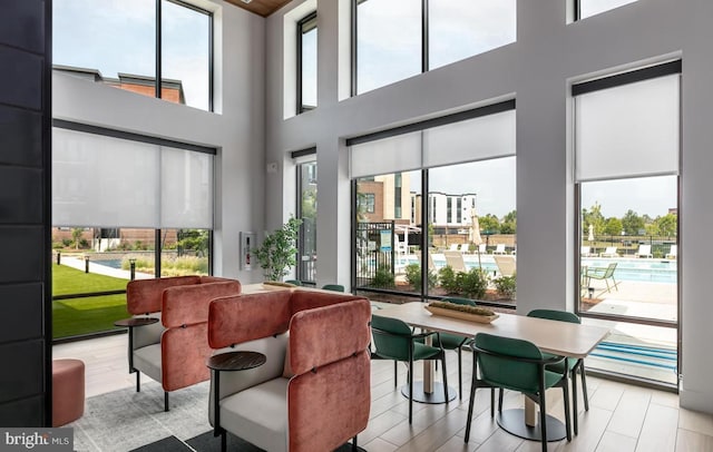 community lobby with a towering ceiling