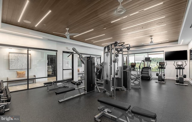 gym with wood ceiling, ceiling fan, and baseboards
