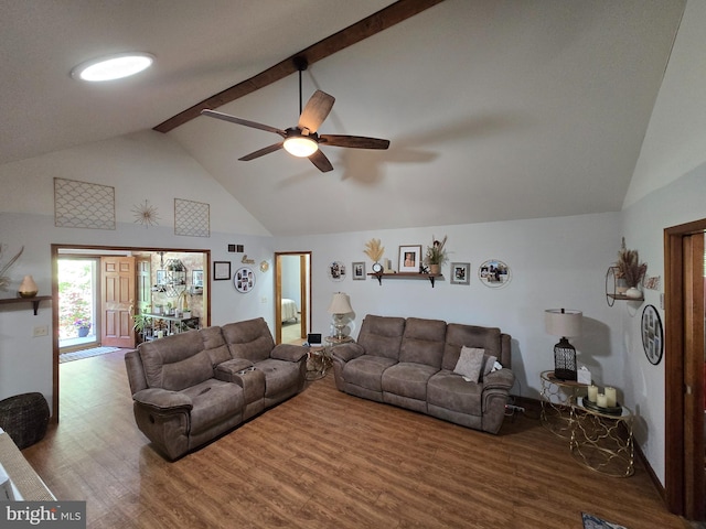 105 Woodview Dr, Harrington, DE 19952 - living area featuring a ceiling fan, wood finished floors, beamed ceiling, and high vaulted ceiling