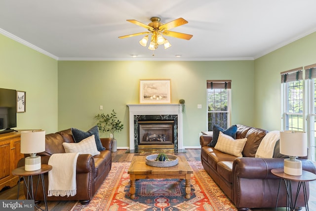 living area featuring wood finished floors, ceiling fan, a fireplace, crown molding, and baseboards