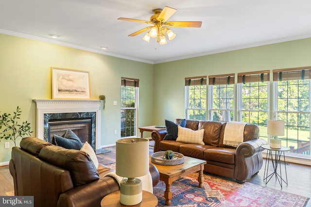 living area featuring wood finished floors, ceiling fan, crown molding, a fireplace, and baseboards