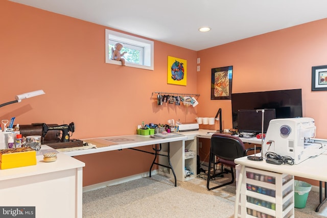office featuring recessed lighting and light carpet