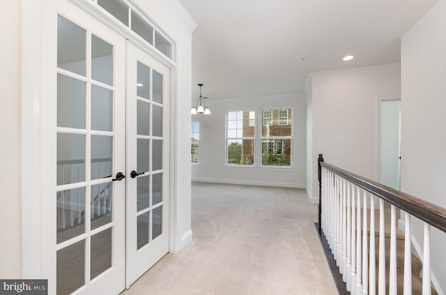 1427 Chanery Ct, Odenton, MD 21113 - hallway featuring french doors, carpet floors, baseboards, recessed lighting, and a chandelier