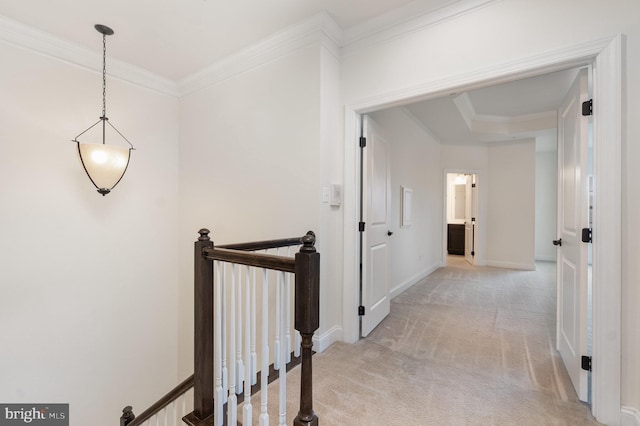 1427 Chanery Ct, Odenton, MD 21113 - hall with an upstairs landing, light carpet, crown molding, and baseboards