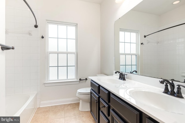 1427 Chanery Ct, Odenton, MD 21113 - full bathroom with toilet, baseboards, double vanity, tile patterned floors, and washtub / shower combination