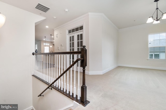 1427 Chanery Ct, Odenton, MD 21113 - stairway with baseboards, carpet, a chandelier, ornamental molding, and recessed lighting