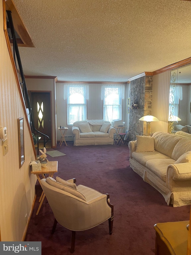 carpeted living area featuring a textured ceiling, ornamental molding, and a baseboard radiator