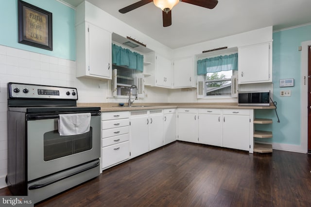 527 Eshelman St, Highspire, PA 17034 - kitchen featuring appliances with stainless steel finishes, a sink, open shelves, light countertops, and dark wood-style floors