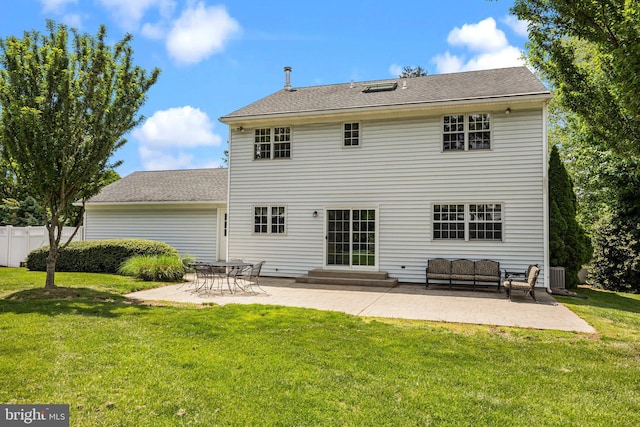 back of house featuring a patio area, an outdoor hangout area, entry steps, cooling unit, and a shingled roof