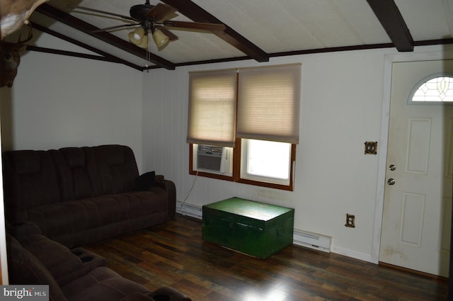 living area featuring a baseboard heating unit, ceiling fan, wood finished floors, baseboard heating, and cooling unit
