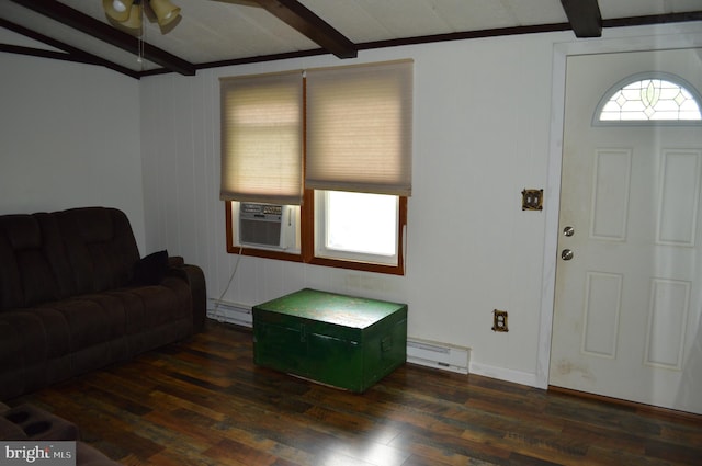 living room with a baseboard heating unit, baseboard heating, dark wood-type flooring, ceiling fan, and cooling unit