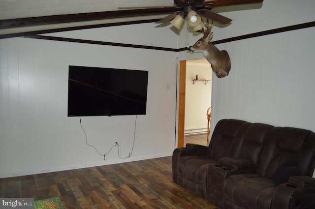 living room with baseboard heating, wood finished floors, and a ceiling fan