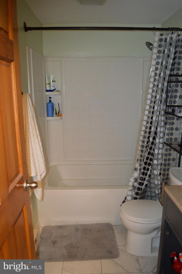 bathroom featuring toilet, shower / bathtub combination with curtain, and vanity