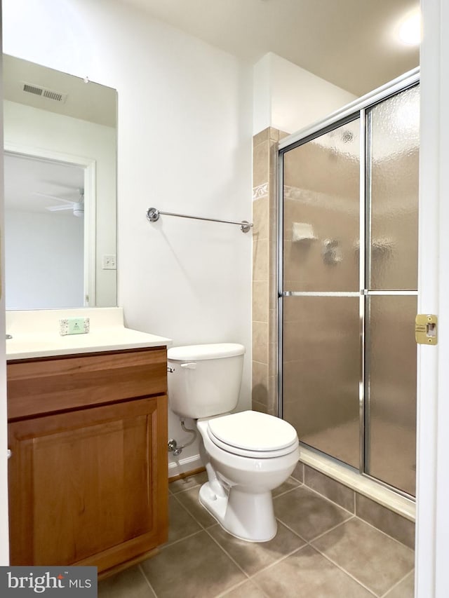 full bath featuring a stall shower, vanity, tile patterned flooring, and toilet