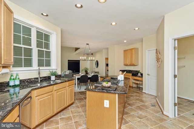 2200 Exeter Ct, Fallston, MD 21047 - kitchen with a sink, light brown cabinetry, a kitchen island, a chandelier, and stainless steel dishwasher