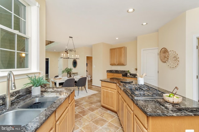 2200 Exeter Ct, Fallston, MD 21047 - kitchen with a sink, light brown cabinetry, recessed lighting, and pendant lighting