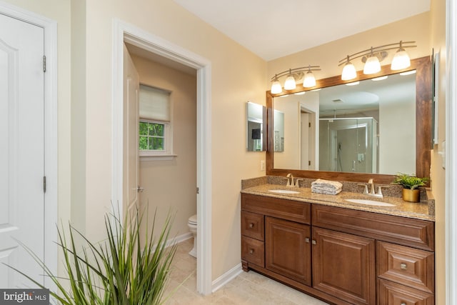 2200 Exeter Ct, Fallston, MD 21047 - bathroom featuring toilet, a shower stall, double vanity, tile patterned flooring, and baseboards
